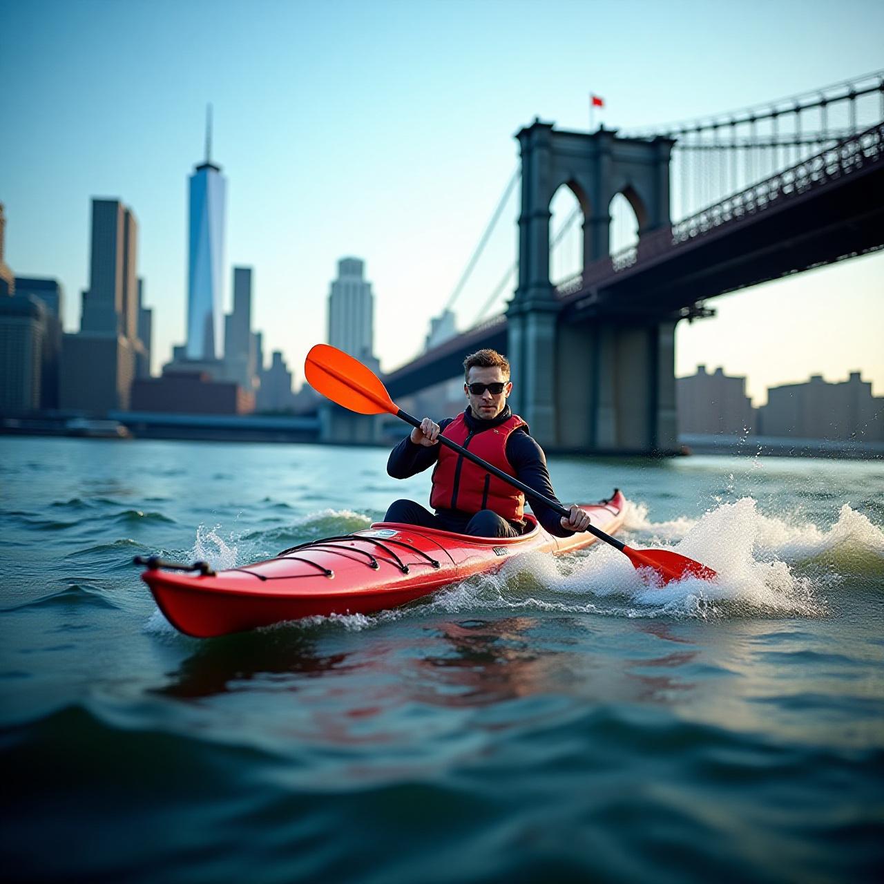 A professional kayaker navigating the East River with the NYC skyline in the background
