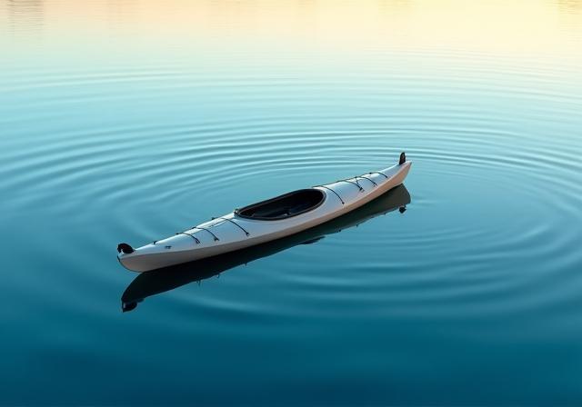 A peaceful kayak resting on calm morning water reflecting the sky