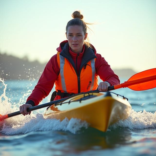 Professional kayak instructor demonstrating self-rescue in coastal waters