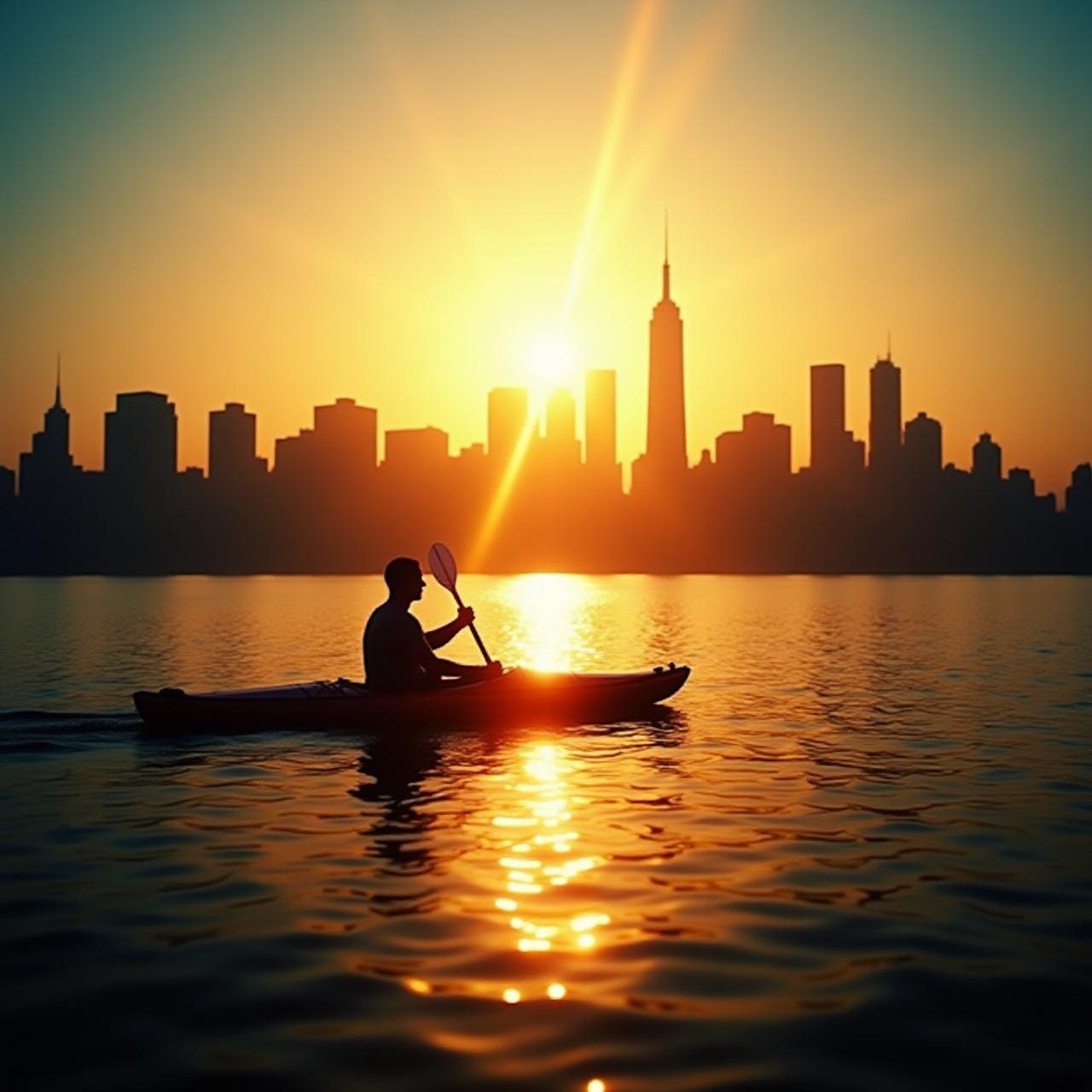 Kayakers paddling towards the Manhattan skyline at sunset