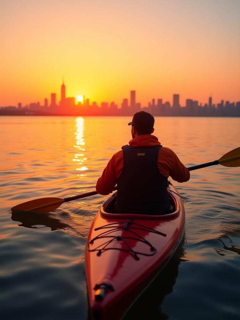 Kayaker looking out at the New York skyline during sunset