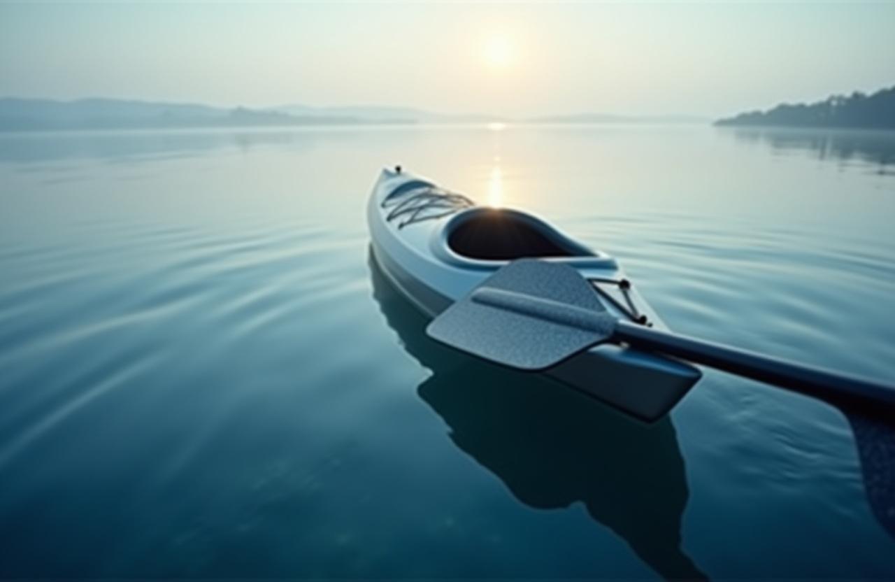 A calm sea landscape with a kayak paddle resting on the water surface