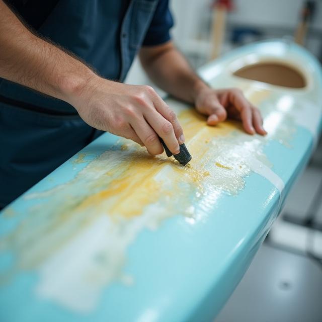 Close up of hand applying epoxy to a kayak hull